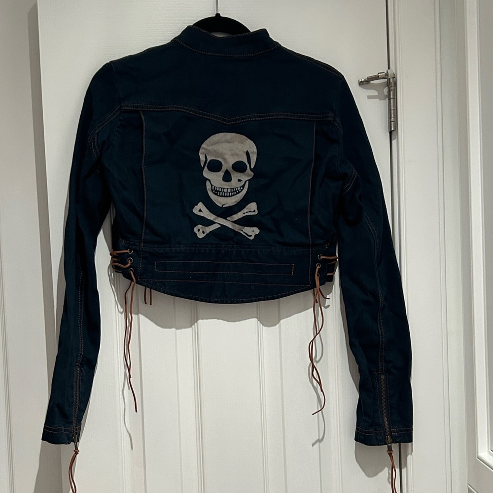 Betsey Johnson Cropped Skull back Denim Jacket